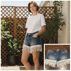 LEI Women's Denim Shorts low rise White Lace fringe Trim Cottagecore Festival